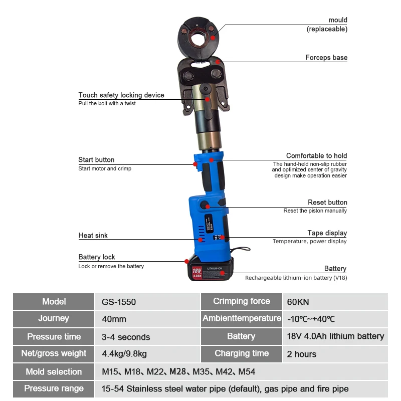 GS-1550 12T straight shank  Electric lithium ring type overhead copper pipe press pliers