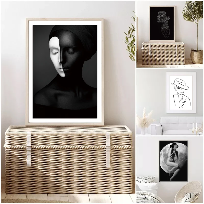 wall art black and white portrait painting For Living Room Wall Modern Decor Woman Hotel Artwork Canvas Oil Painting