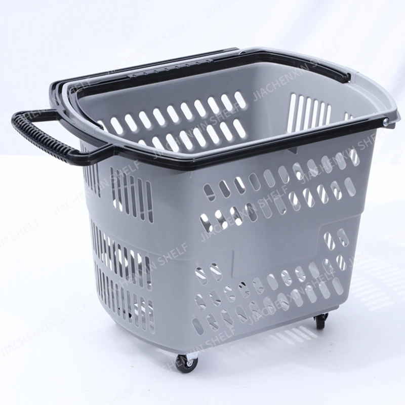 Retail Grocery 35L Plastic Shopping Basket With Hand Push Wheels furniture Gray OEM Basket Supermarket Shopping trolleys