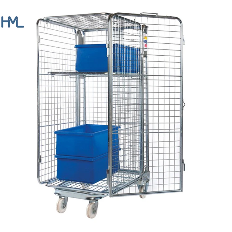 HML mild steel collapsible heavy duty folding wire mesh laundry roll cage trolley for industrial laundry