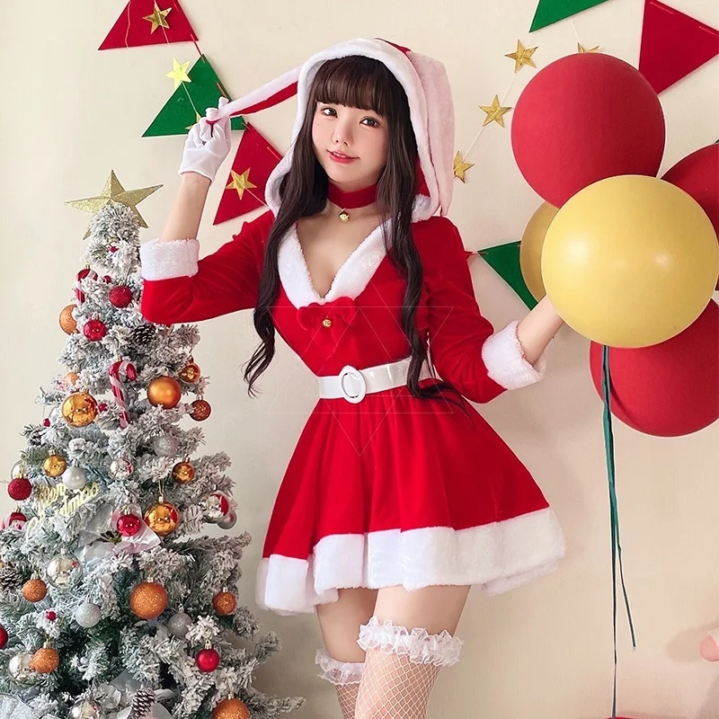 Santa Claus dresses up in Christmas clothes red cute bunny rabbit long sleeved dress