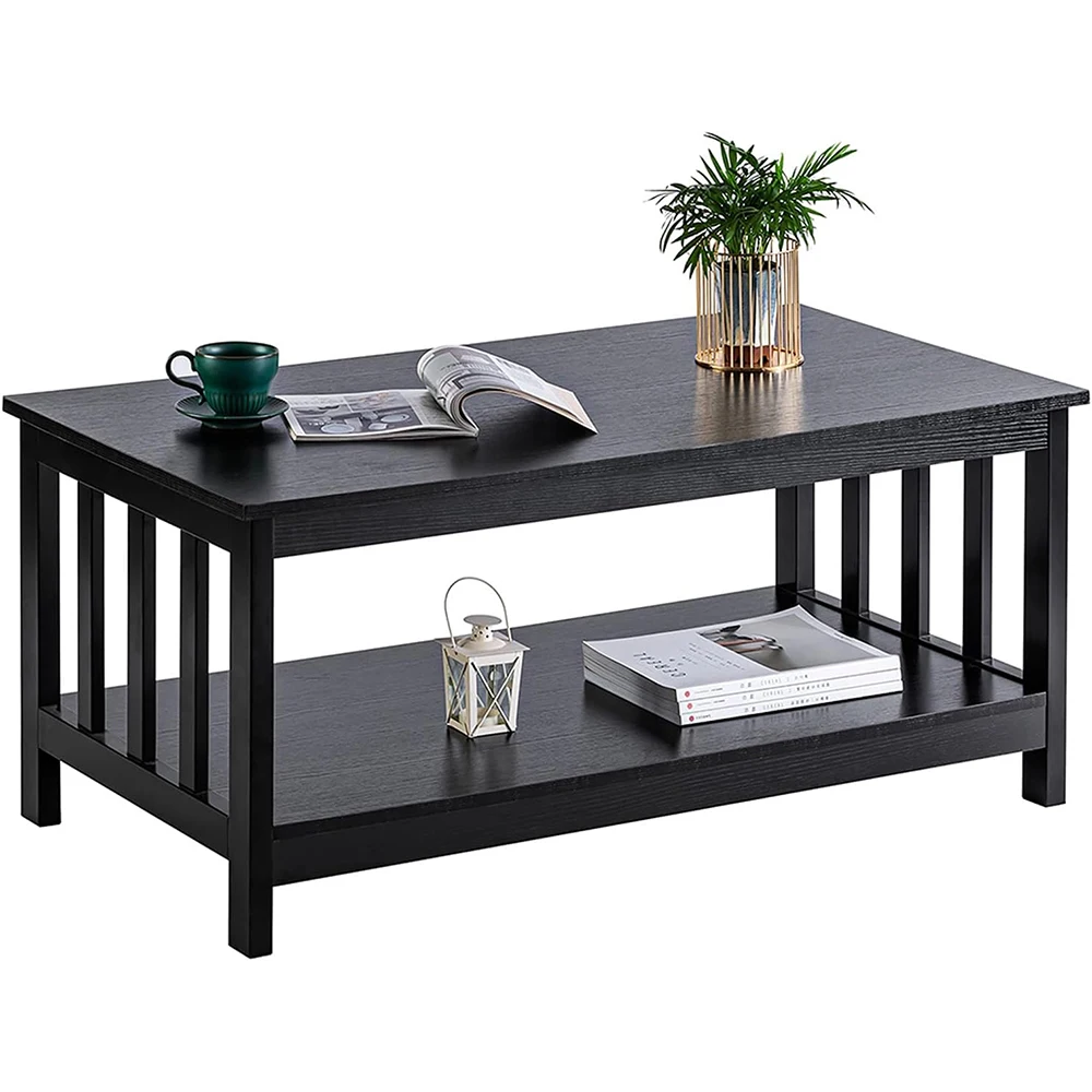 Mission Style Black Wood Coffee Table with Shelf