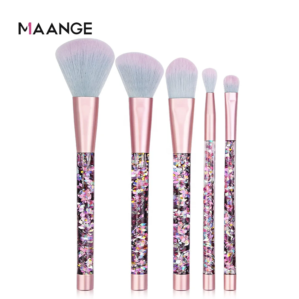 MAANGE makeup brush 5pcs rainbow colorful  liquid glitter bling pink clear handle custom logo private label makeup brushes set