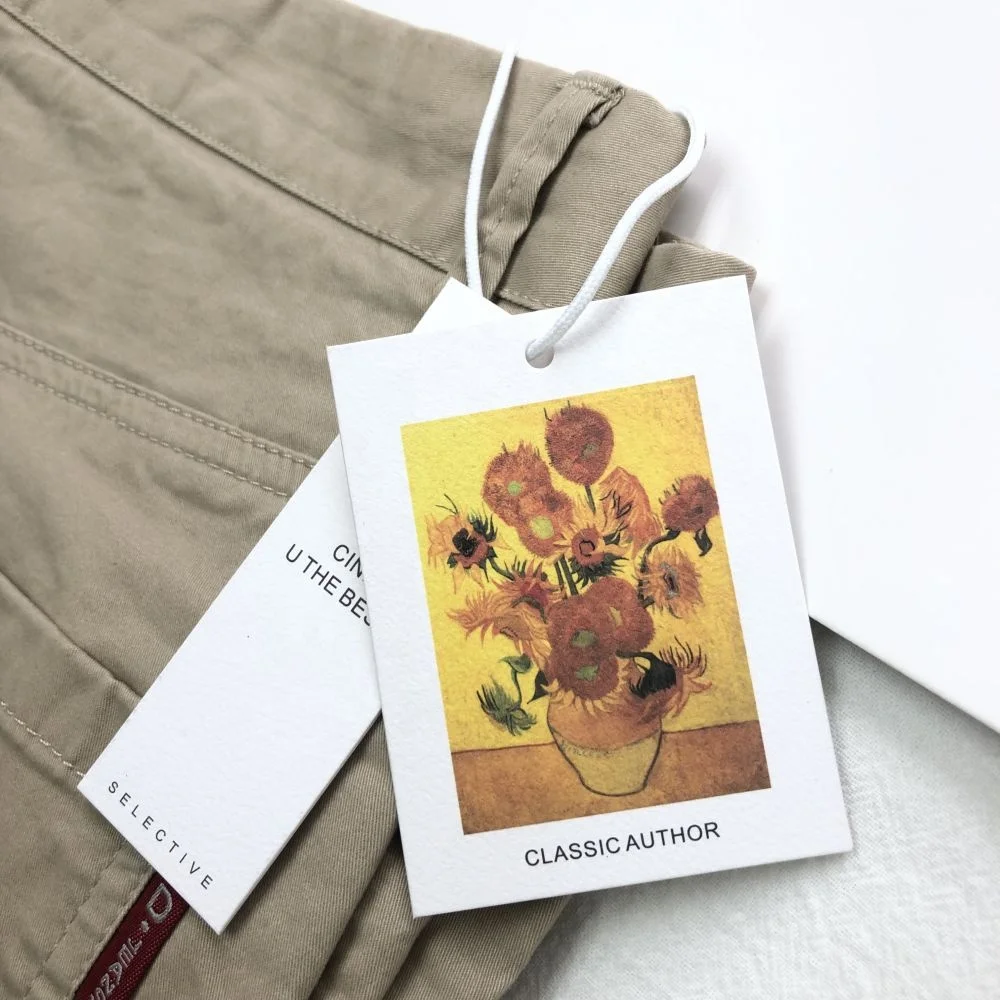 Recycled Customized Gold Foil Logo Label Texture White Paper Hang Tag  Thick Jewelry Custom Clothe Apparel Trousers Swing Tags