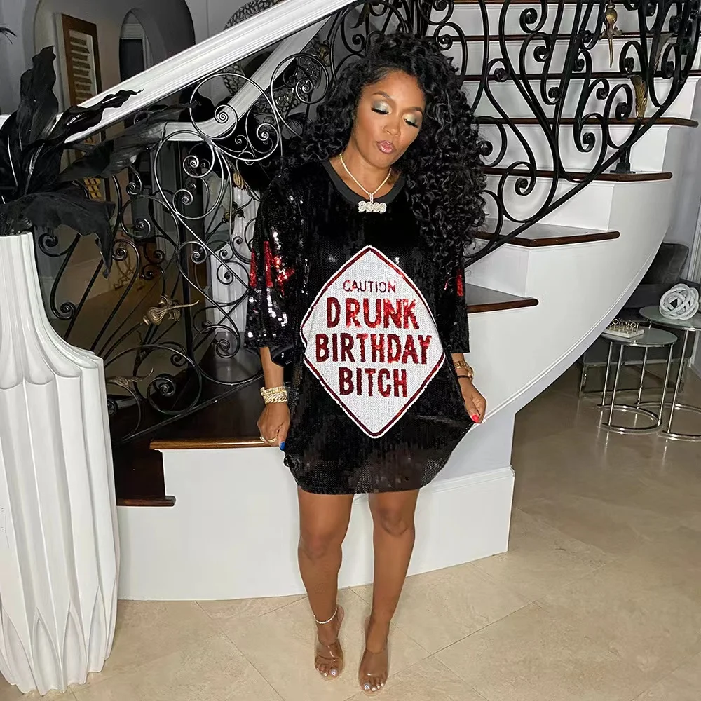 Wholesale Shiny New Casual Shirt Dress Sparkle Sequin Glitter Letter Style Party Outfits Casual Women Dress Night Club Dress