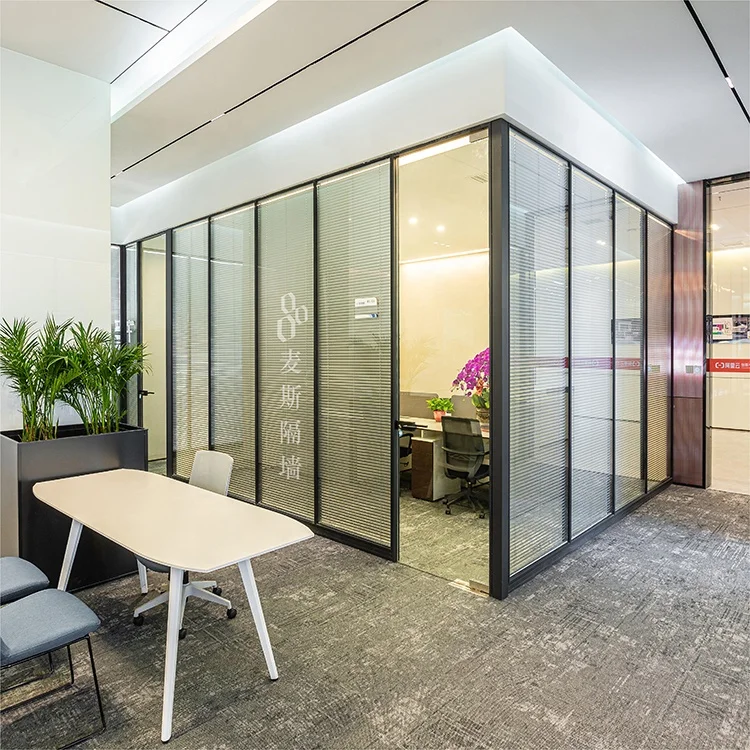 Easy Installation modular glass partition fireproof office furniture Blind or Glass Visible frame double glazing wall