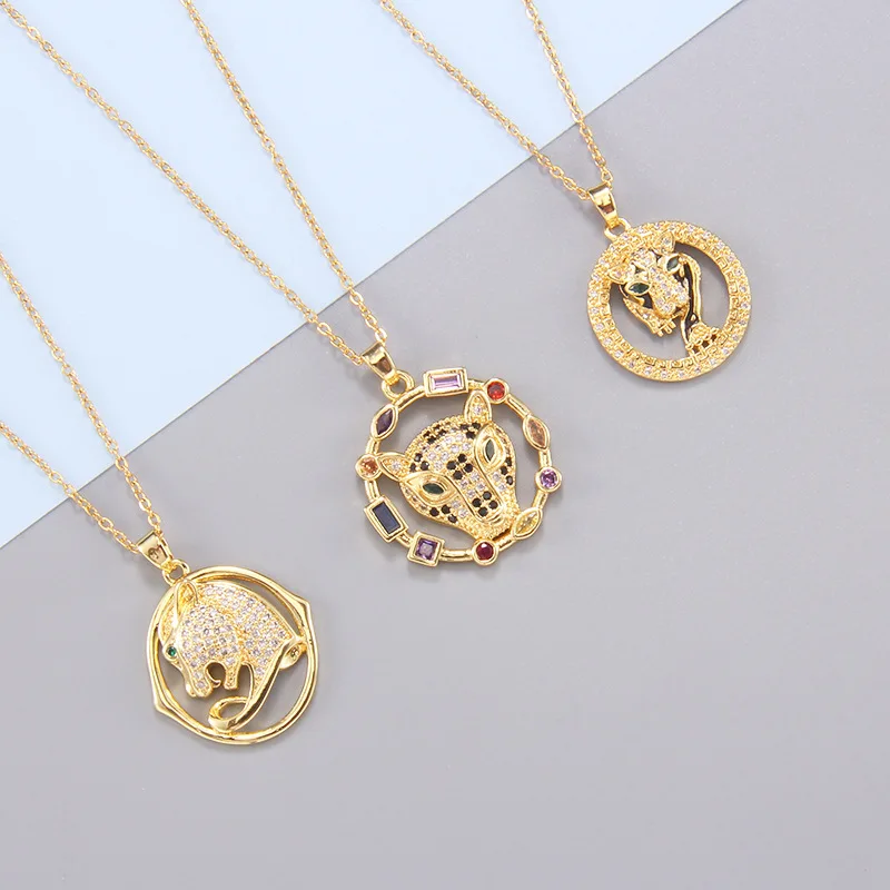 Fashion Personality Hip Hop Punk Brass 18k Gold Plated Full Colorful Cubic Zircon Panther Pendant Necklace Jewelry For Women
