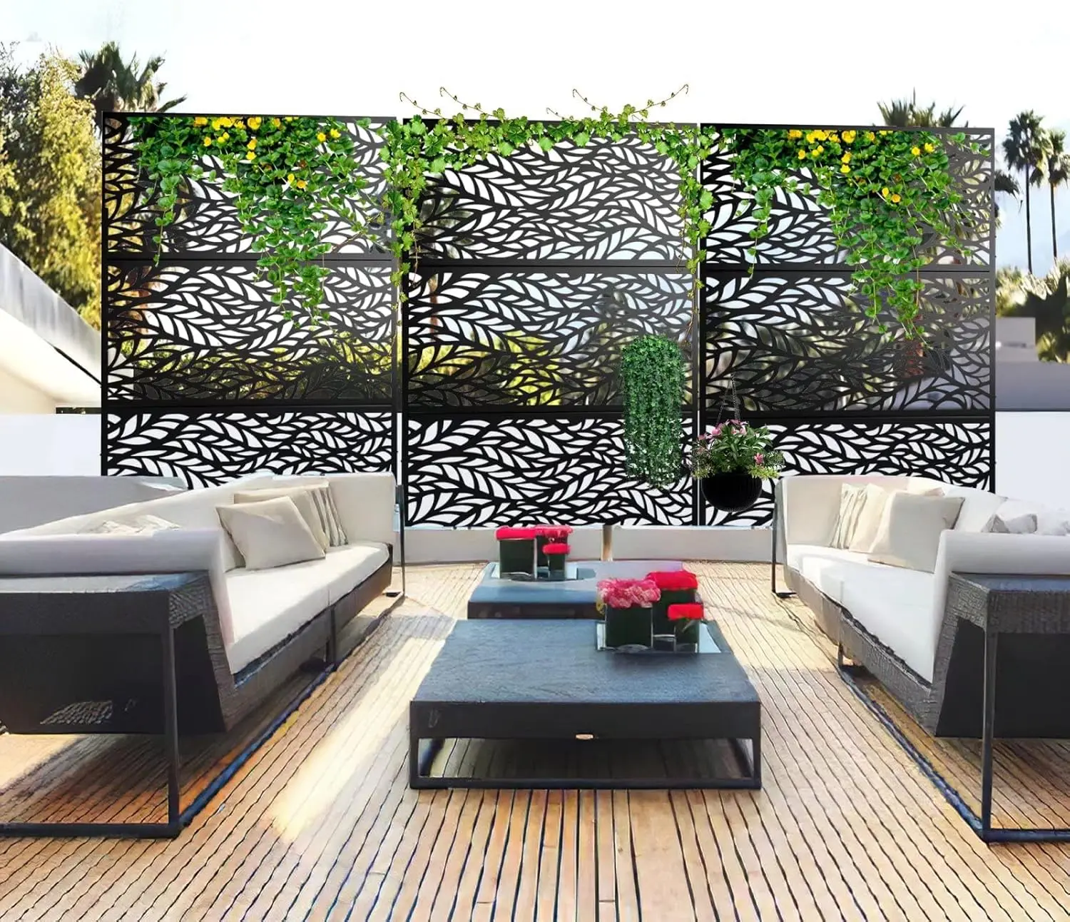Patio Privacy Screen, Outdoor Privacy Screen with Stand Decorative Metal Privacy Screen Free Standing Garden Backyard Balcony