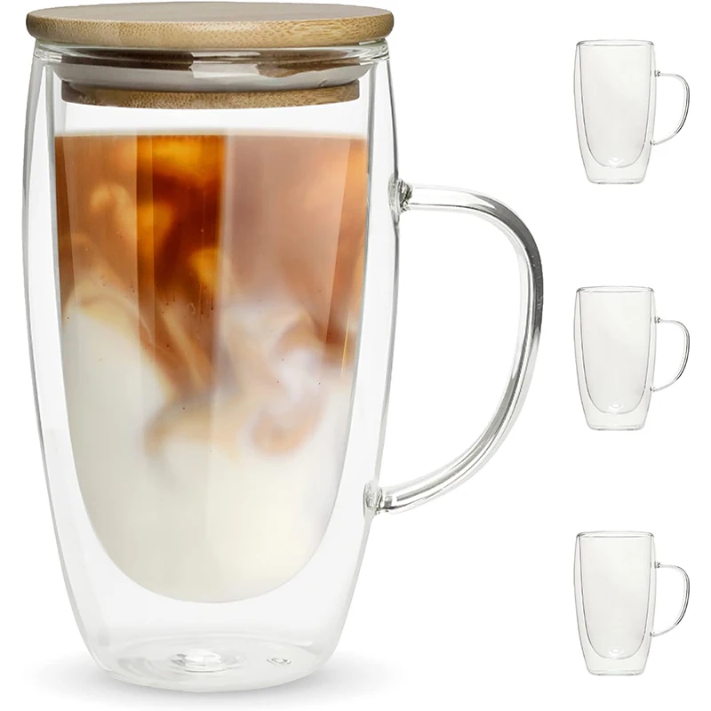Wholesale 450ml 16oz Double Layer Wall Thermal Round Blank Clear Glass Coffee Tea Cup Mug with Bamboo Lid Handle