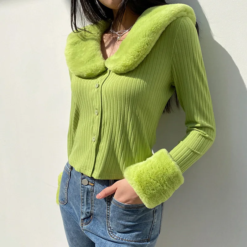 Patchwork Knitted Cardigan Coats and Jackets Fashion Warm Tops Women Button up Long Sleeve Winter Fluffy Faux Fur Green Logo Bow