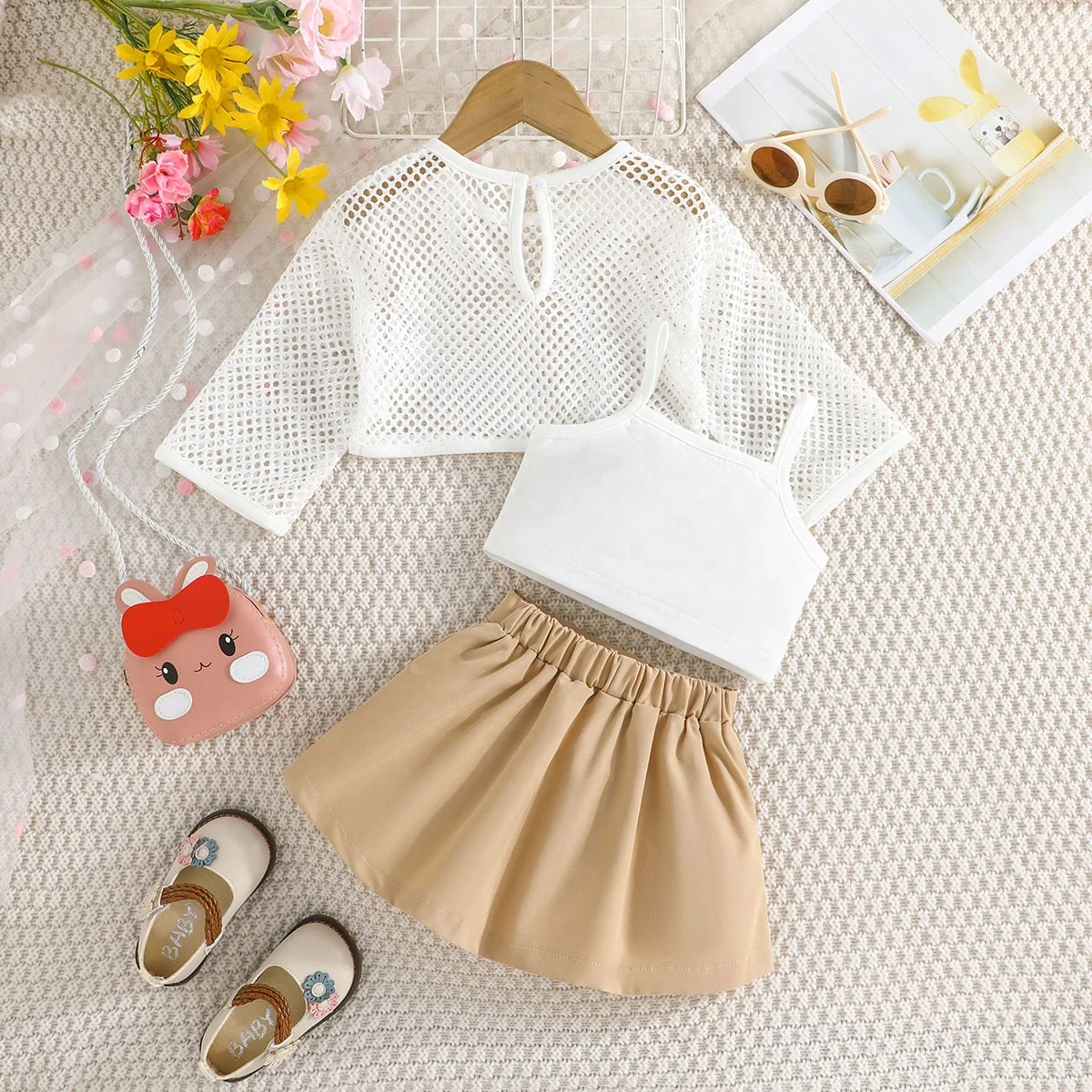 autumn summer 1 To 6 Years Old girls clothing sets Mesh long sleeves caot + sleeveless Top Shirt + Skirt fashion 3 pcs Set