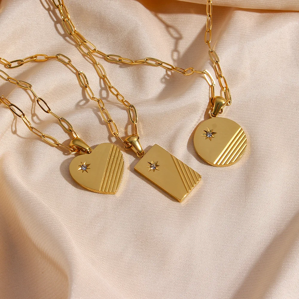 Wholesale Trendy 18k Gold Stainless Steel Oval Chain Women Jewelry Stripe Pattern Zircon Square Heart Circle Pendant Necklace