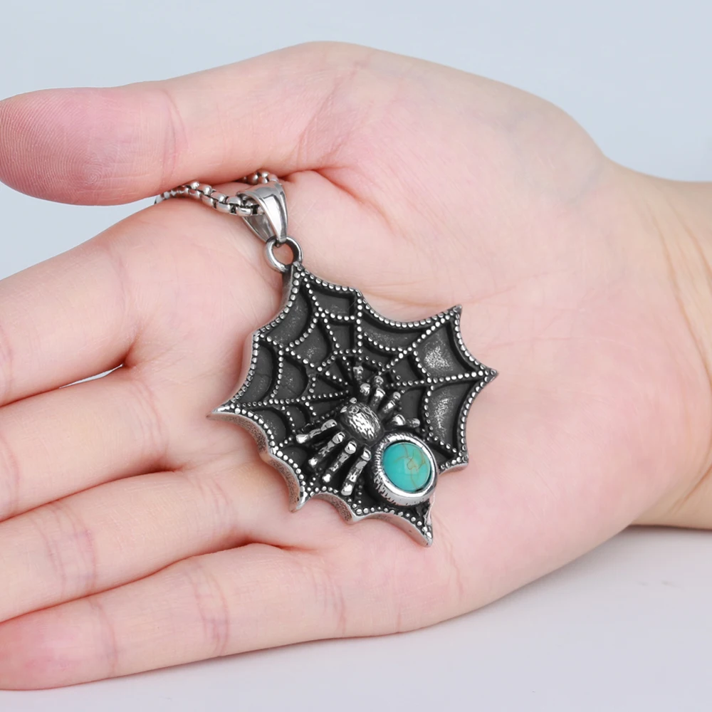 Wholesale Custom Gothic Halloween Turquoise Jewelry Punk Stainless Steel Spider Web Charm Pendant Necklace For Women Men