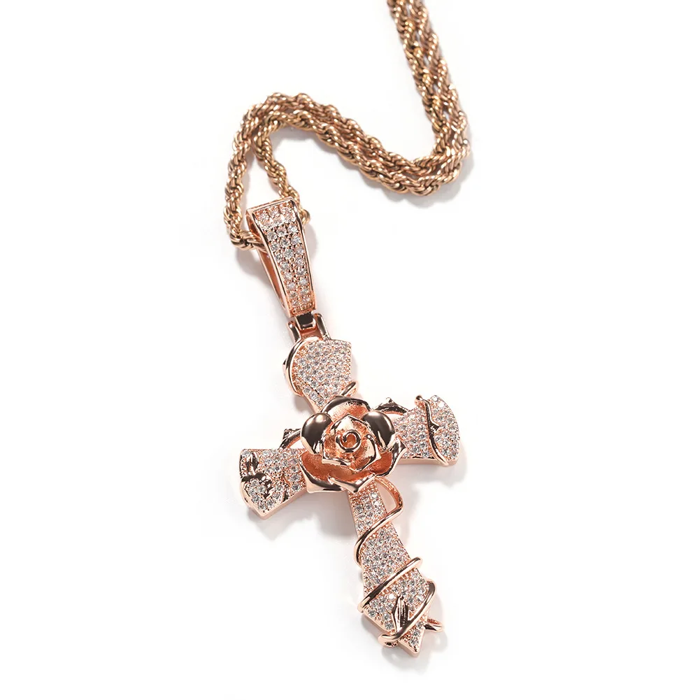 Hip Hop Fashion Jewelry Women Gold Plated CZ Cubic Zirconia Cross Charms Iced Out Bling Rose Cross Pendant Necklace