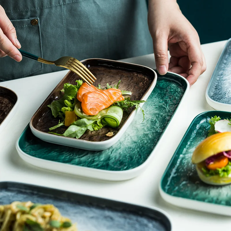 Marble style ceramic sushi stoneware plate square dinner plate with stone grain