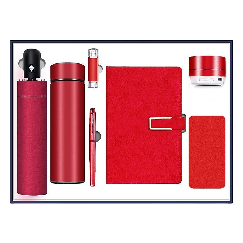 Elegant wedding notebook giftset umbrella gift set with bottle and usb drive and pen 7 in 1 power bank giftset with bt speaker