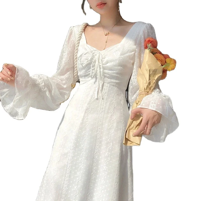 French Retro Horn Square Neck Drawstring Waist Slimming Long-Sleeved Dress Temperament Lace Skirt