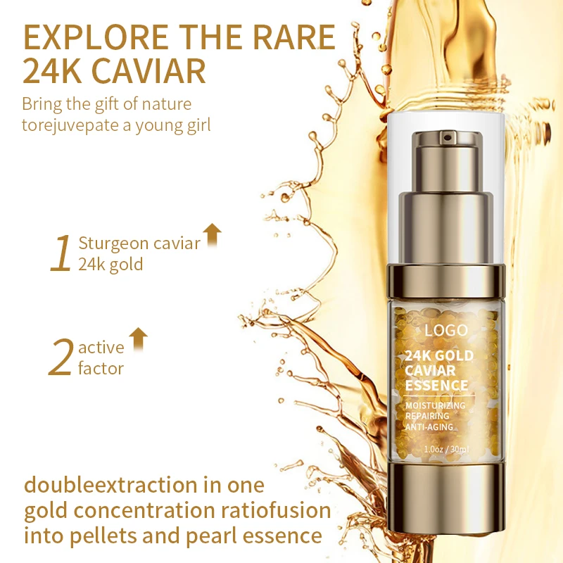 30ml Private Label Organic Anti Wrinkle  Brighten Caviar Extract Anti-aging 24K Gold Caviar Facial Serum