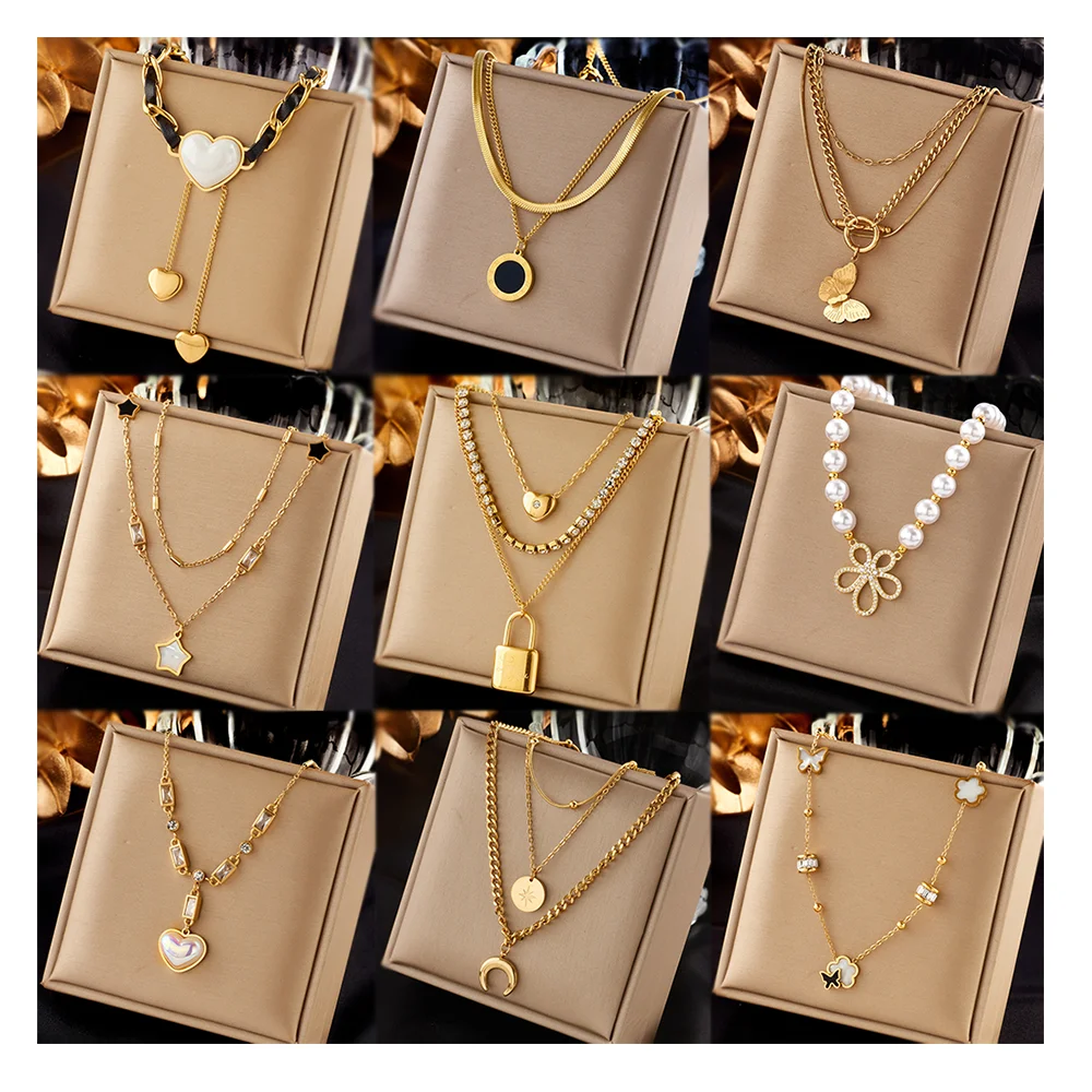 18 Models Women Two Layer Stainless Steel Green Stone Necklace Moon Star Butterfly Heart Lock 18k Gold Three Layer Necklace