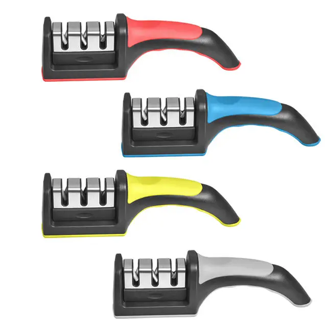 Kitchen Diamond Honing Steel Knife Scissors Universal Sharp Multi-task 3 Stage Sharpener Quick With Non-slip Base Handheld