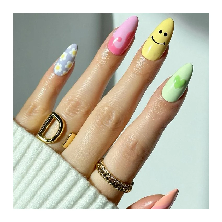 Personalized Superior Quality Smile Face Green Flower Wholesales Price Abs Material Prep Kit Uas Handmade Press On Nails