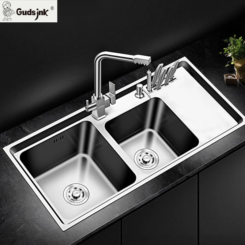 Gudsink Handmade Double Bowl Function Knife Rest Cutting Board Wholesale Stainless Steel Kitchen Sink