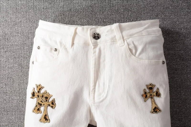 Rts For Dropshipping 724 Custom  golden leopard jens pant print cross white stretch  youth slim pants high street damaged jeans denim men