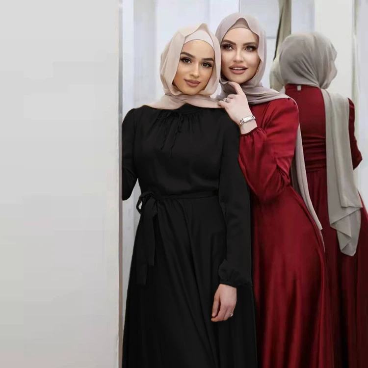 New Soft Waistband Elegant Satin Long Skirt Big Swing Muslim Dress For Women
