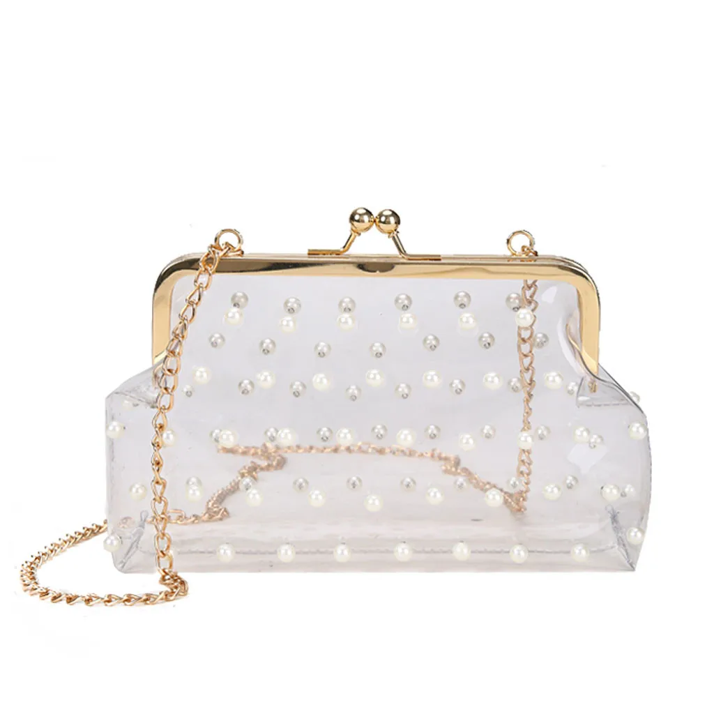 
Transparent Diagonal Package with Beading And Chain Shoulder Bag Handbag 