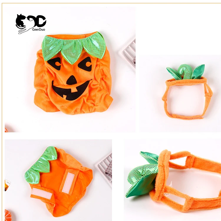 Geerduo Delicate Green Leaf Collar Design Polyester Fabric Pet Halloween Pumpkin Shape Clothes for Cat