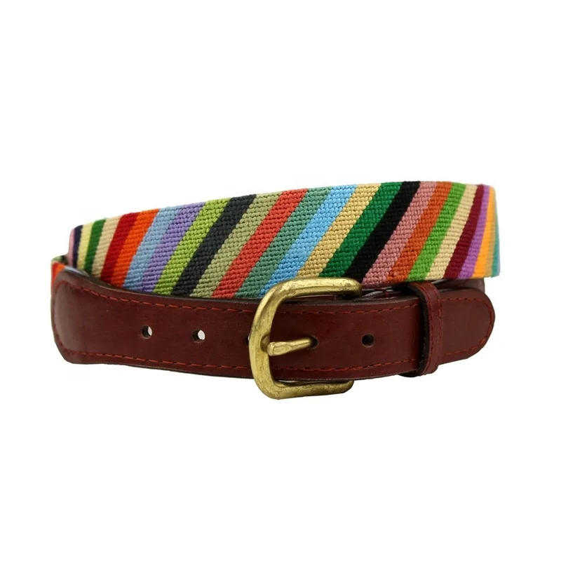 Fancy Parsons Stripe Ladies Cowhide Genuine Leather Needlepoint Belts
