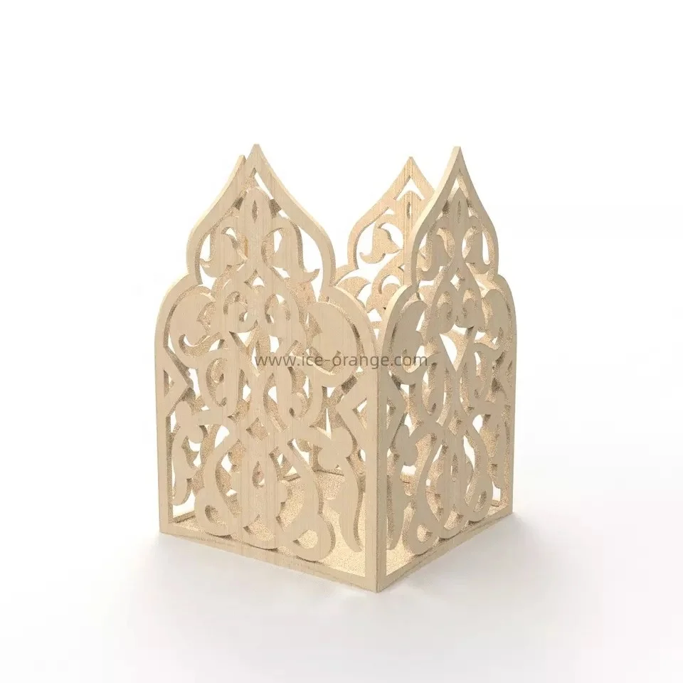 Islamic Candle Holder Original Wood Color Hollowed out Wooden Ramadan Candle Container Lantern for Home Centerpiece Decoration
