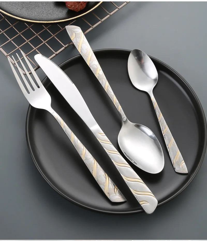 Best Selling Slanted Handle Cutlery PVD Knife Fork Spoon Set For Creative Western Food Flatware Set Stainless Steel