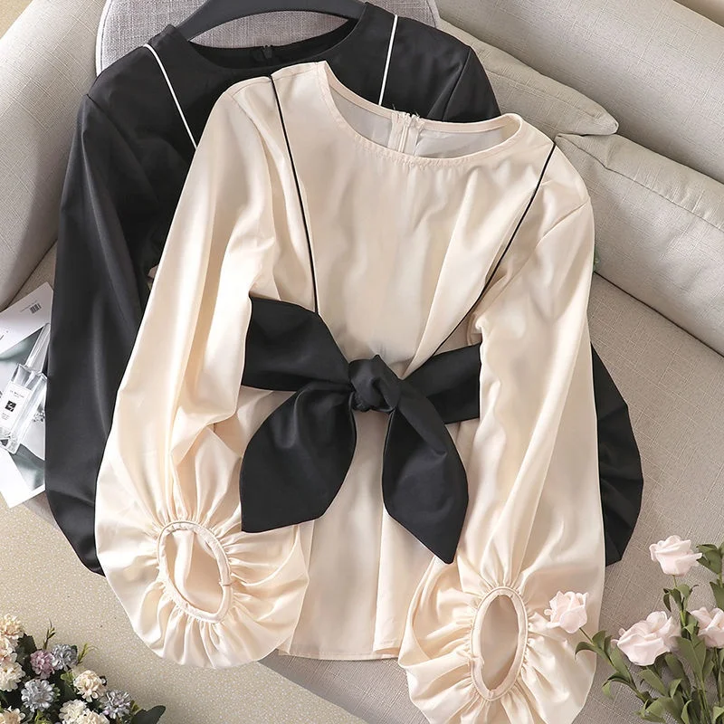 DLLrr21 wholesale shirts New Pattern Bowknot Loose Women Short Lantern Sleeve Shirt Blouse Women Top