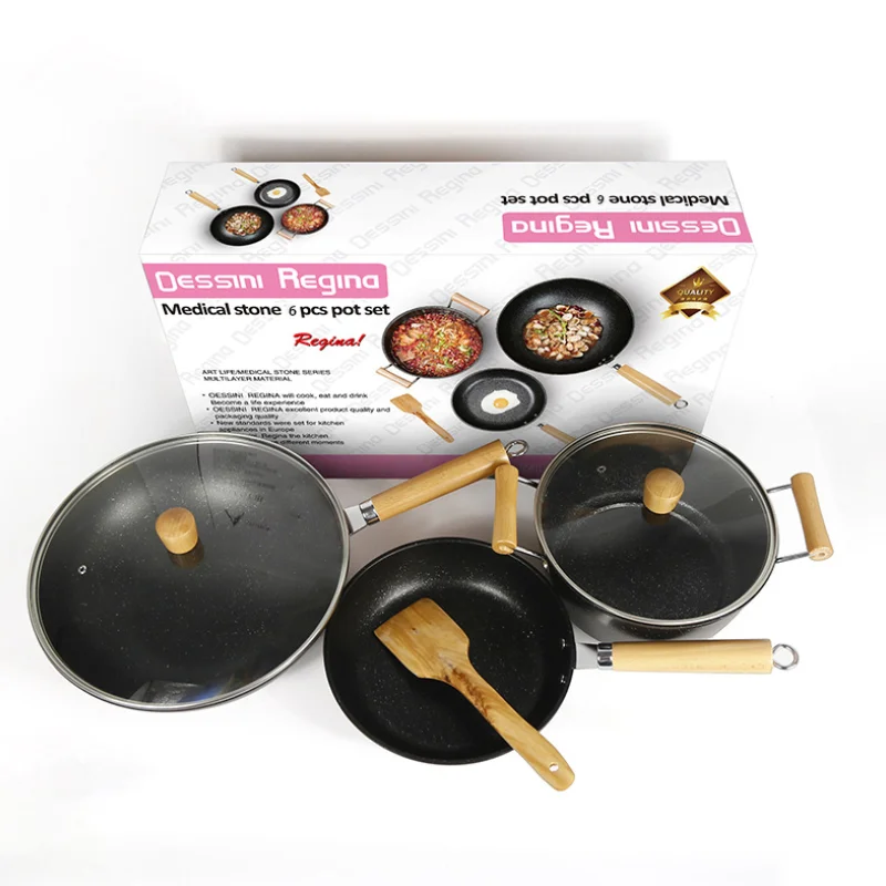 6 pieces stone pattern coated non-stick with wood handle 32cm wok 24cm sauce pan 24cm fry pan nonstick cookware set