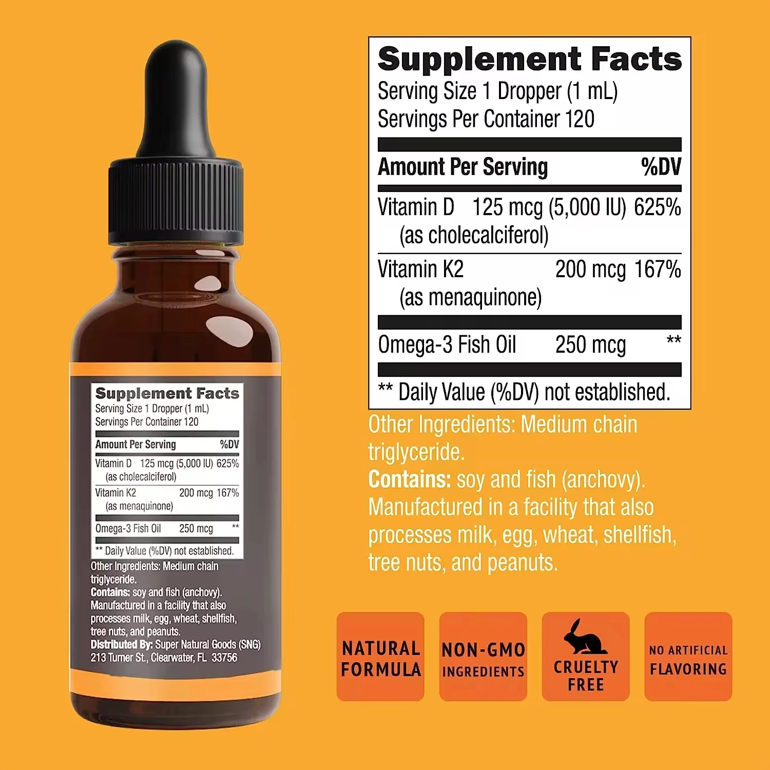 Vitamin D3 K2 Liquid Drops 5000 IU (4oz) Maximum Strength Multivitamin And Omega 3 Bone And Support Supplement