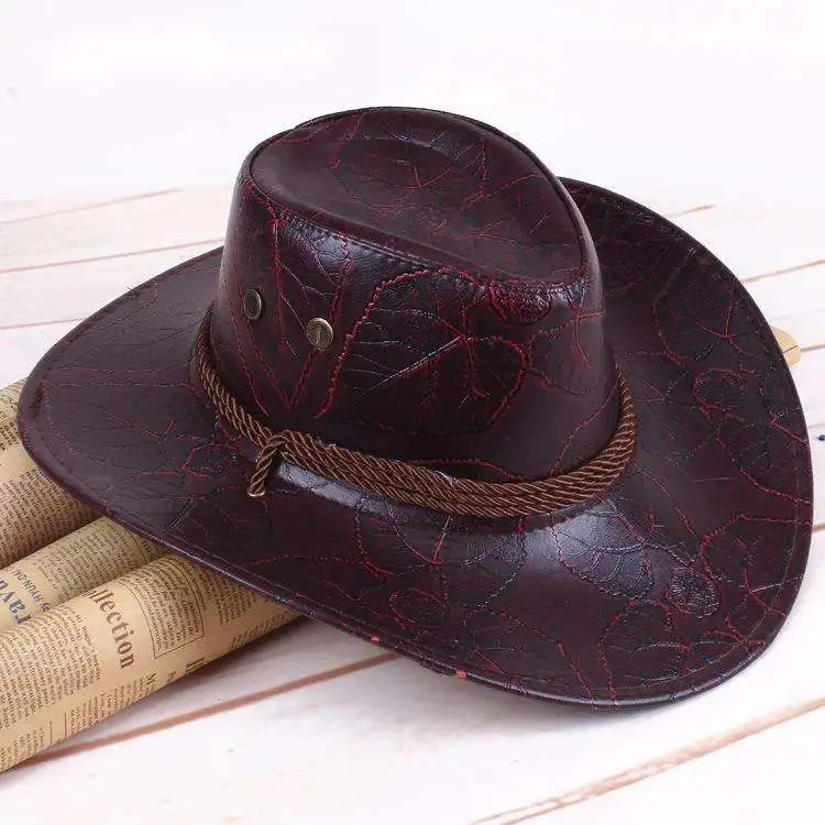 Hot Sale Bulk Cowboy Hats Men Adult Leather Print Ranger Panama Black Cowboy Hat Men