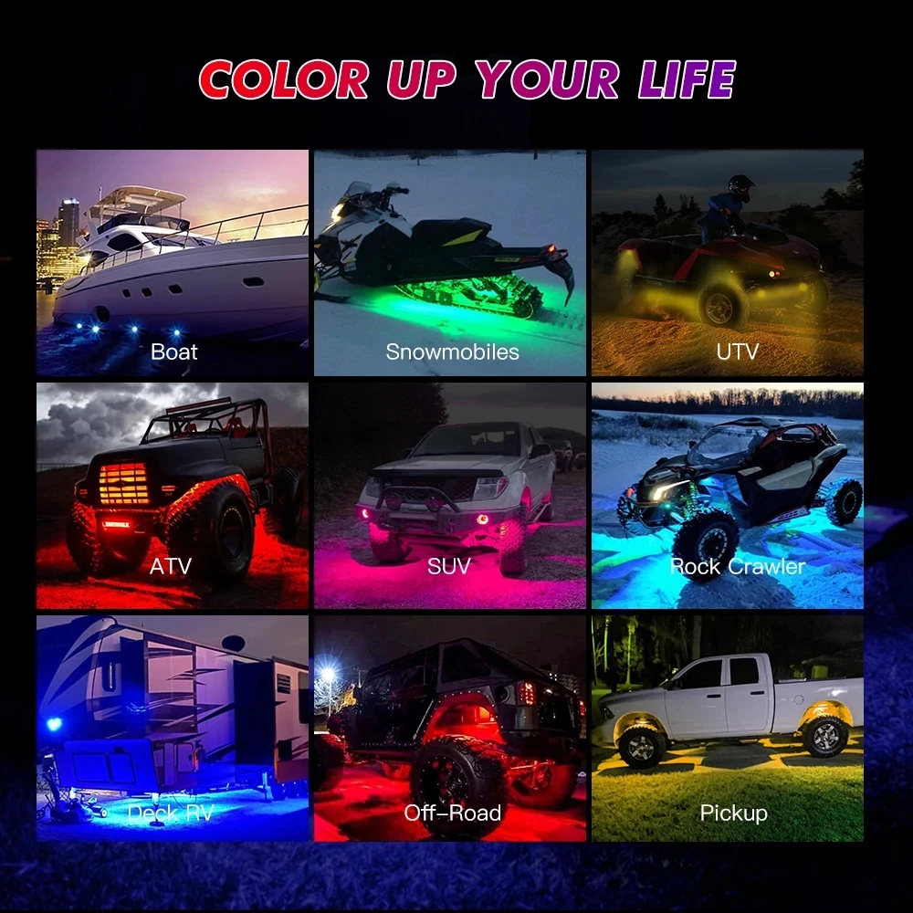 4/6/8 In 1 RGB LED Rock Lights Blue tooth Compatible APP Control Music Sync Car Chassis Light Undergolw Waterproof rock RZR