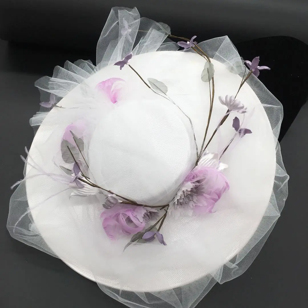 Bridal Hat Wedding Dress European Style Gauze Hat Versatile Accessories Feather Purple Flower Tea party Dinner Top Hat