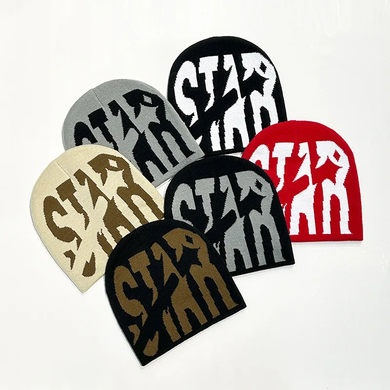 Wholesale Custom winter beanie hats knit adult size hats jacquard weave logo all over hat hot sales Fashion Unisex Cool Beanie