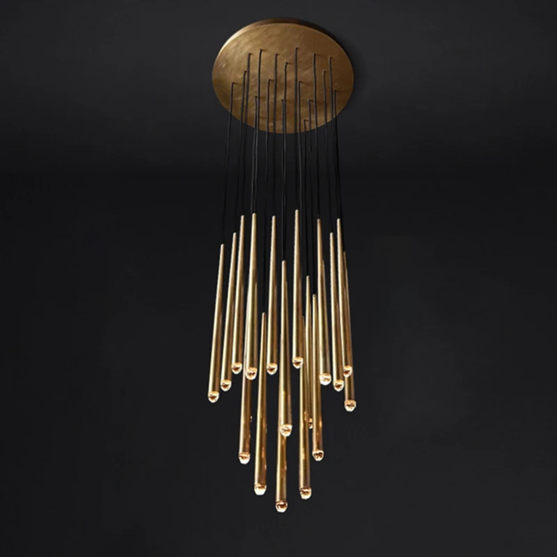 Modern LED Multi Staircase Light Luxury Golden Copper Crystal Chandelier Pendant Light for Living Room