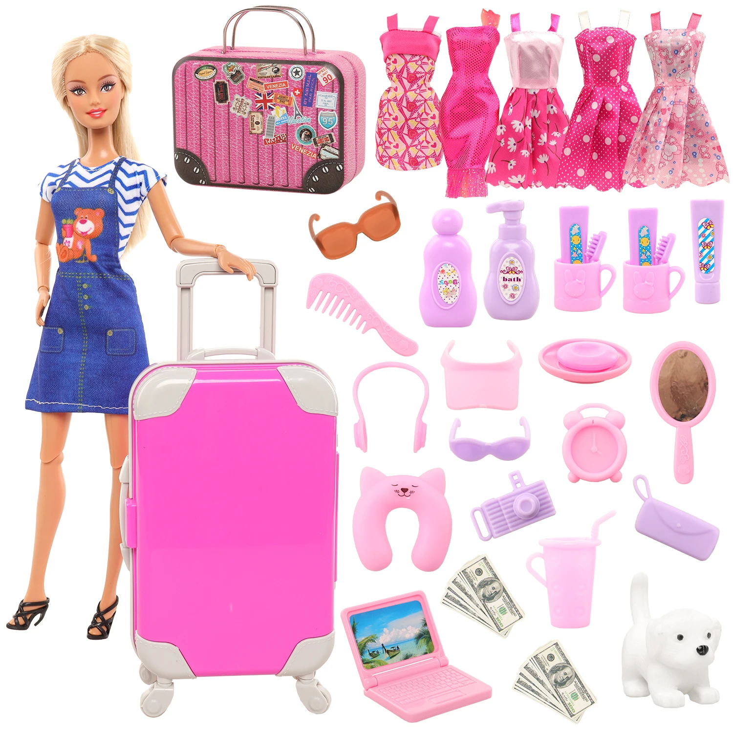 Fashion 33 Doll Travel Sets=1 doll+1Luggage+1 Suitcase+5 Doll Dresses Clothes + 25 Accessories for 11.5inch  Girl Toy Gift