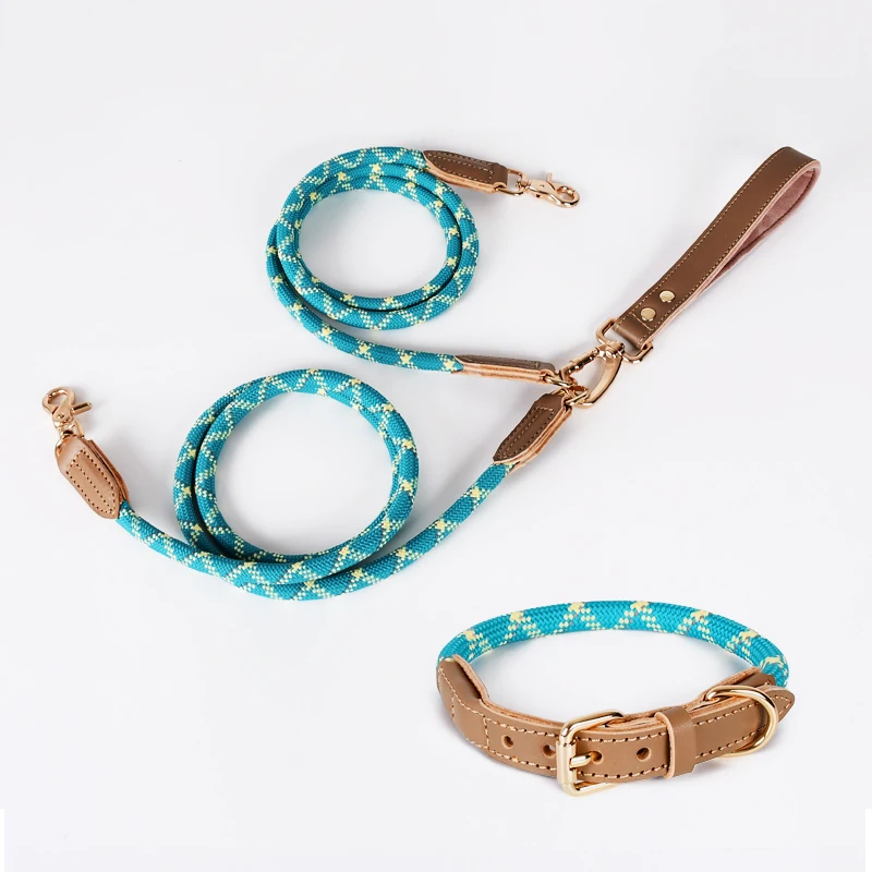Wholesale Western Style Luxury Double Pet Leads Real Cow Leather Braided Reflective Nylon Rope Traction Two Dog Collar Leashes
