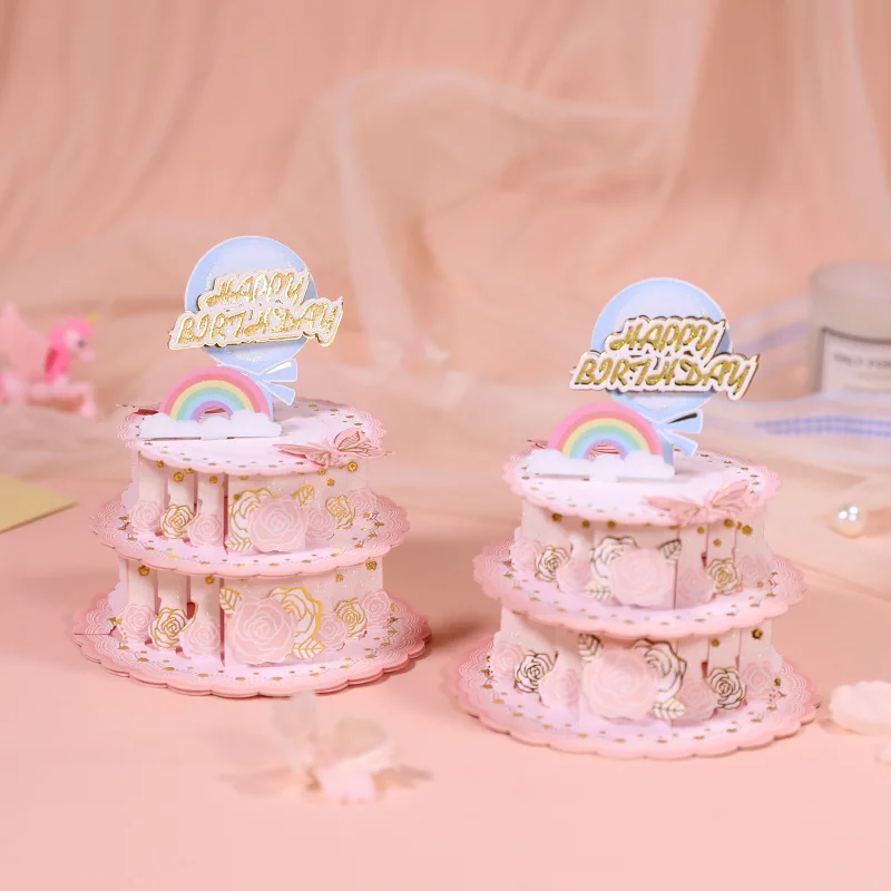 Custom Creative Paper 3D Pop Up Cartoon Children Little Bear Cake Birthday Greeting cards