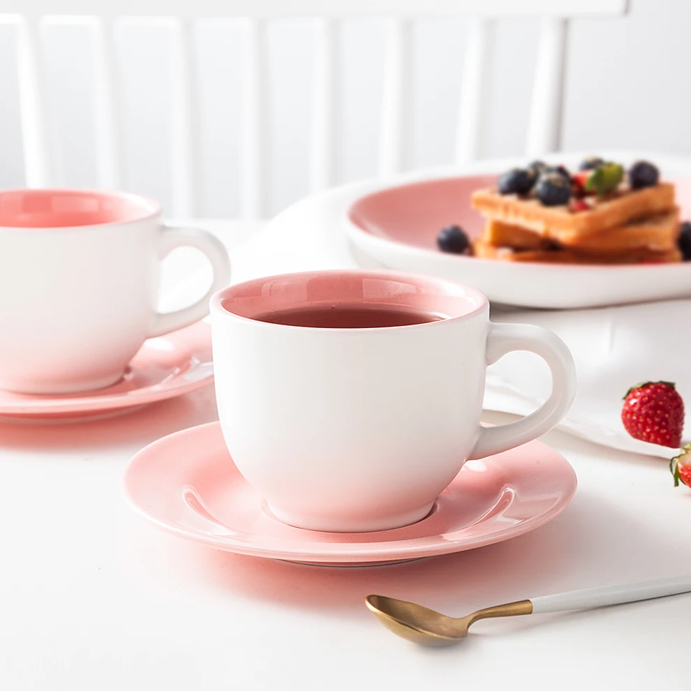 Shengjing Cheap Pink 220ml Coffee Cup Sets Glossy Ceramic Drinkware For Coffee Shop Chinese Teaware