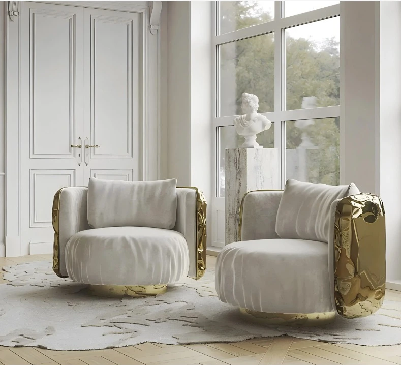 Luxury Living Room Leisure Chair Golden Polish Brass Accent Chair Genuine Leather Armchair For Hotel Home