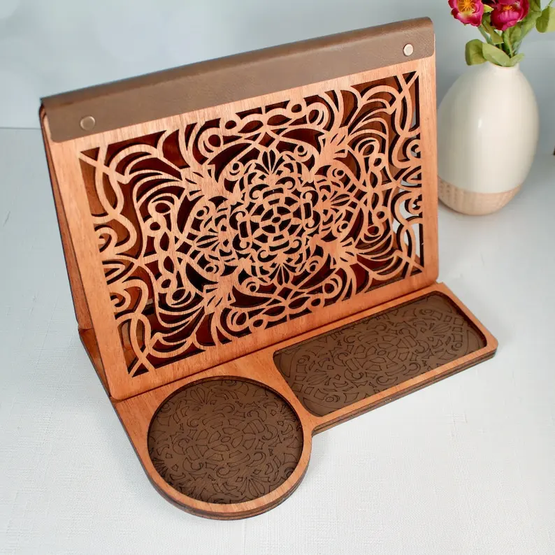 Walnut Wood Book Valet Tray Nightstand with Unique Lasercut Art Deco Design Home Decor Gift for Book Lovers Moms on Birthday