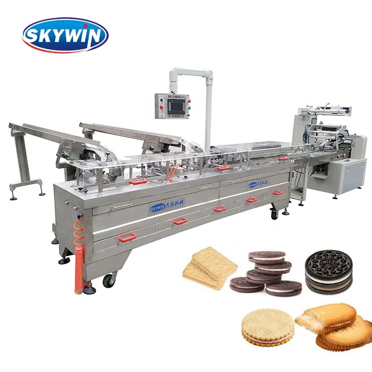 SkyWin Pack Automatic One lane Two color Cream Sandwiching Biscuit Cookie machine with pillow packaging packing machine