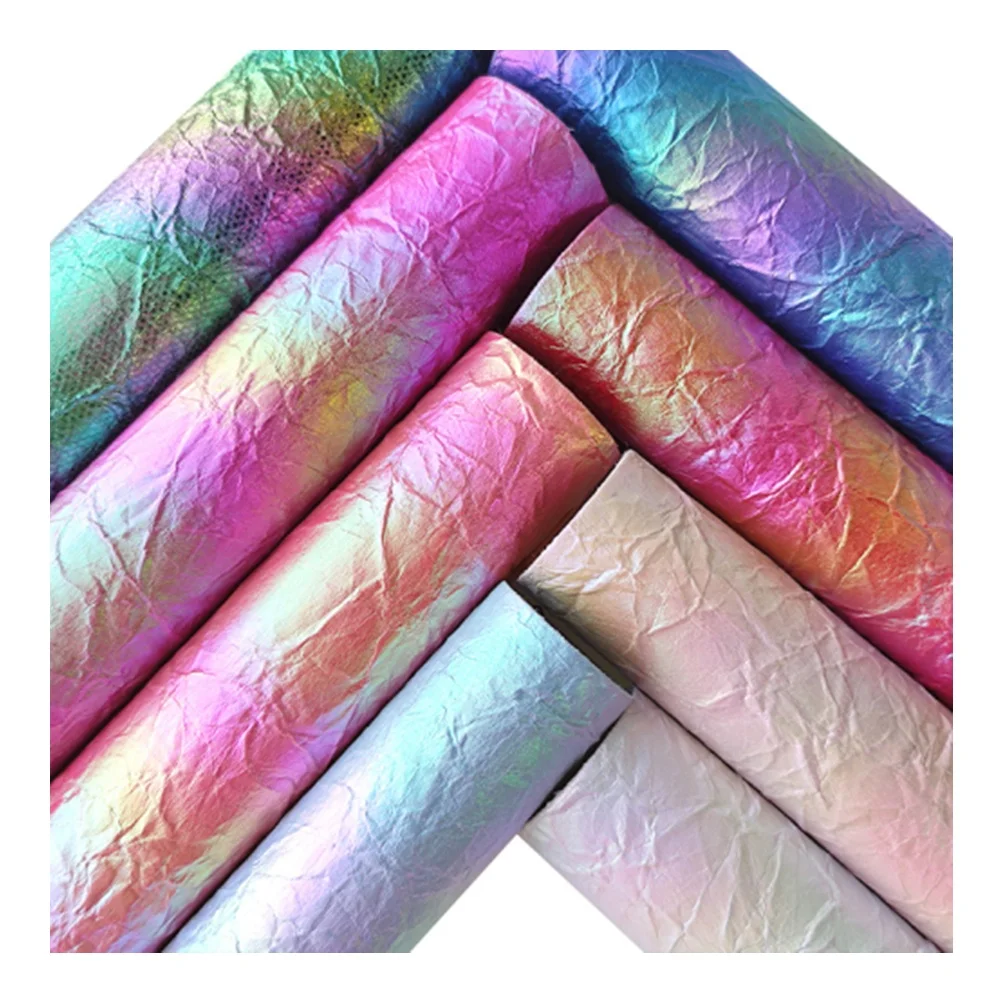 0.7MM Rainbow Holographic Gradient Pleated PU Wrinkles Synthetic Faux Leather Fabric For Making Handbags Wallet Purse