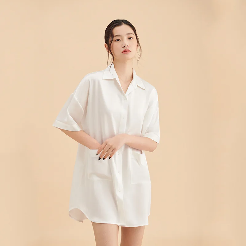 Silk Shirt Pajamas Robes White Womens Top Gown Nightgown Summer Sleepwear Turn-down Collar Sleepshirts Dress Homewear